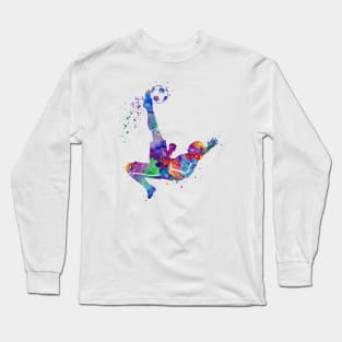 Boy Soccer Player Bicycle Kick Watercolor Painting Long Sleeve T-Shirt